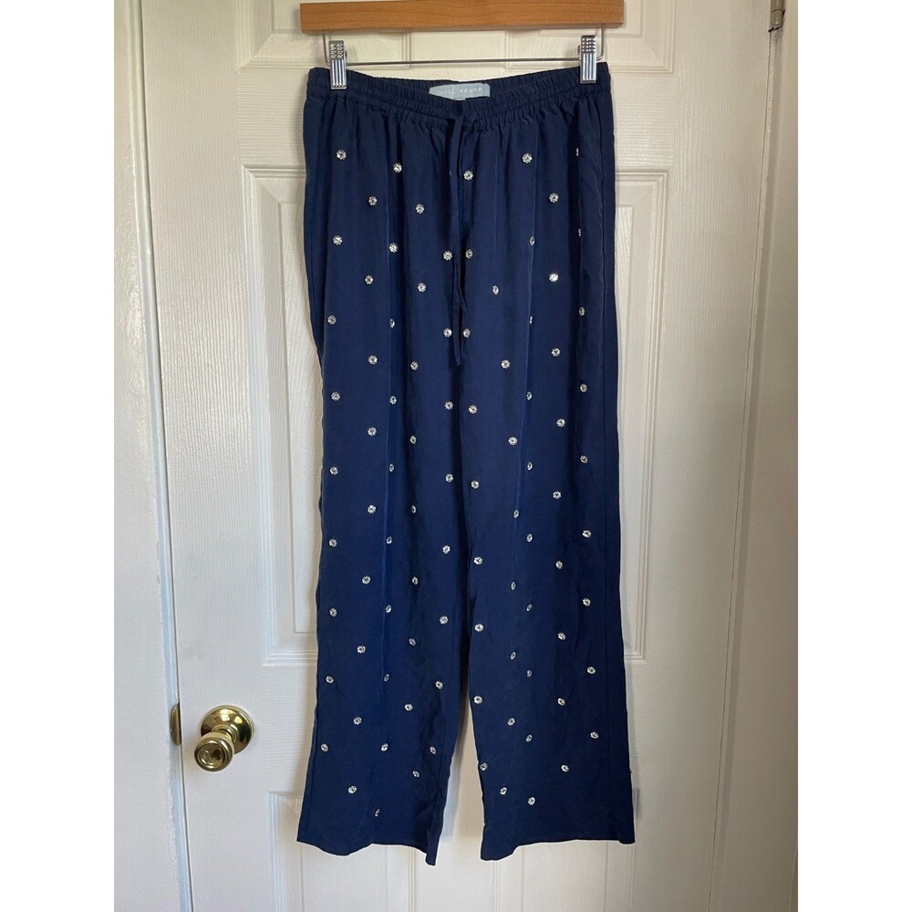 Hill House Navy Jeweled Jammie Bottoms Pants rhinestone buttons drawstring Sz S
